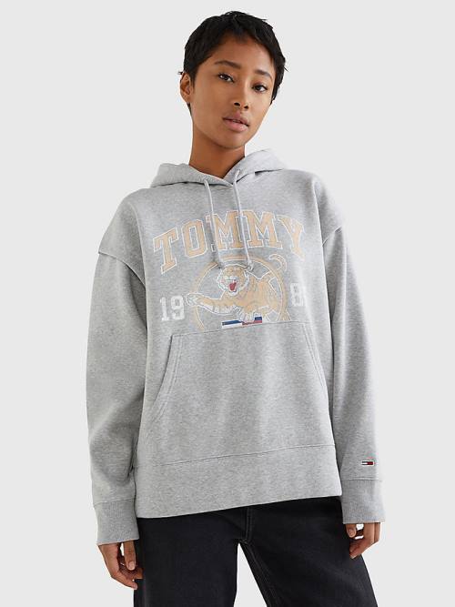 Grey Tommy Hilfiger College Tiger Logo Relaxed Women\'s Hoodie | TH615MWV