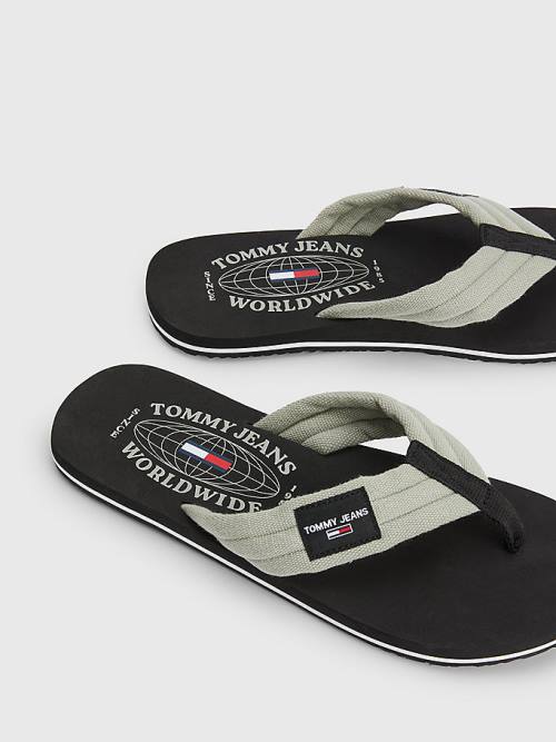 Grey Tommy Hilfiger Cotton Canvas Strap Flip-Flops Men's Sandals | TH012NEZ