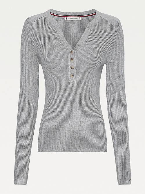 Grey Tommy Hilfiger Curve Henley Ribbed Wool Blend Jumper Women's Sweaters | TH370JBL