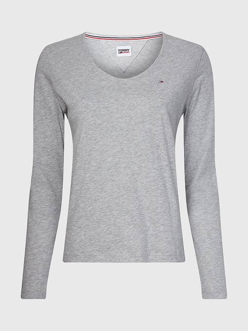 Grey Tommy Hilfiger Essential V-Neck Long Sleeve Women's T Shirts | TH194IZL