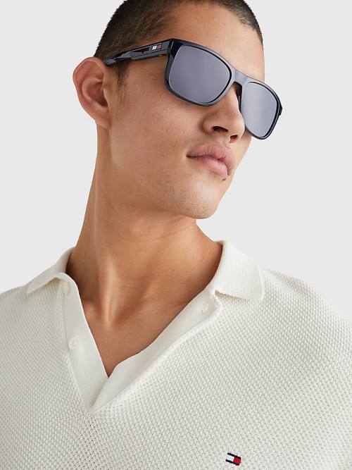 Grey Tommy Hilfiger Flag Detail Rectangular Men's Sunglasses | TH392QUF