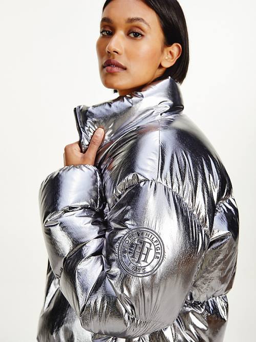 Grey Tommy Hilfiger Gloss Foil Down-Filled Puffer Women's Jackets | TH987KYT