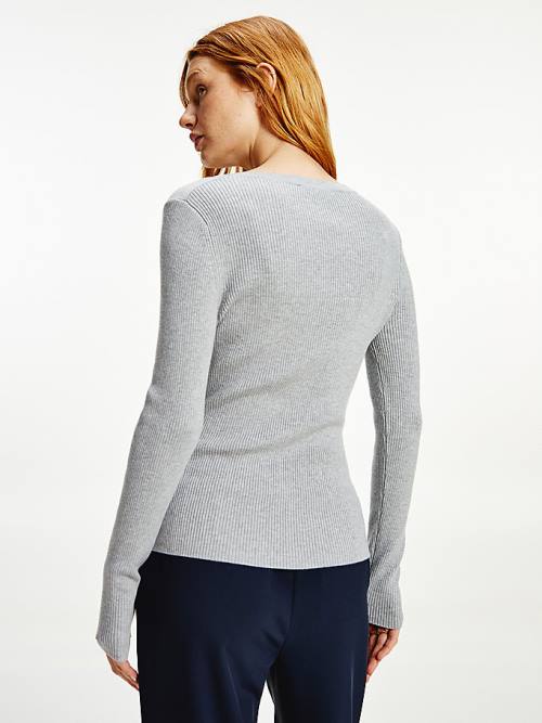 Grey Tommy Hilfiger Henley Ribbed Wool Blend Jumper Women's Sweaters | TH058LUG