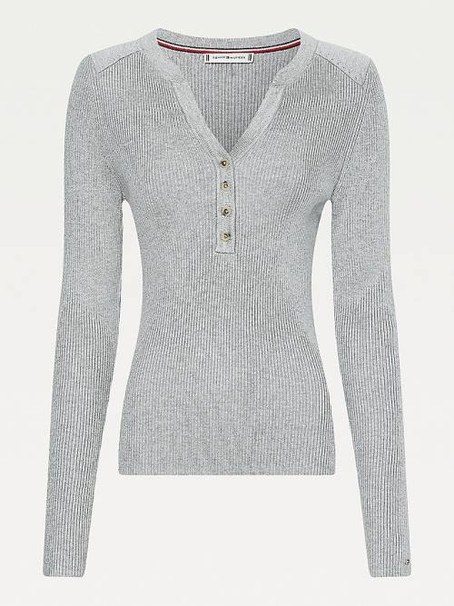 Grey Tommy Hilfiger Henley Ribbed Wool Blend Jumper Women's Sweaters | TH058LUG