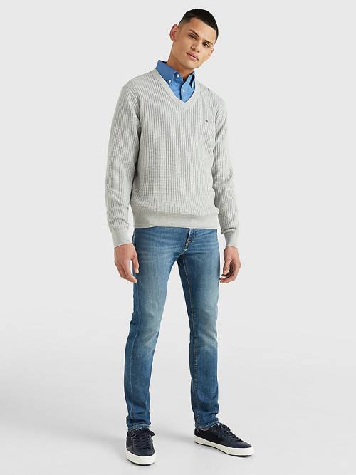 Grey Tommy Hilfiger Knitted Grid Check V-Neck Jumper Men's Sweaters | TH791GRW