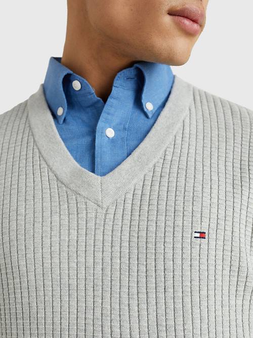 Grey Tommy Hilfiger Knitted Grid Check V-Neck Jumper Men's Sweaters | TH791GRW