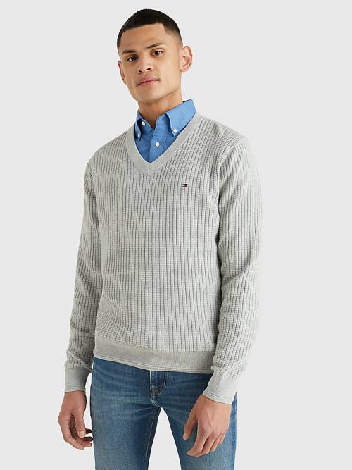 Grey Tommy Hilfiger Knitted Grid Check V-Neck Jumper Men\'s Sweaters | TH791GRW