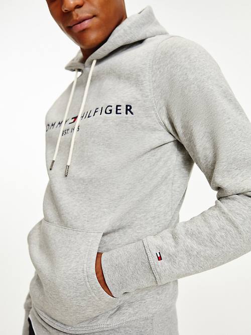 Grey Tommy Hilfiger Logo Flex Fleece Men's Hoodie | TH681APZ