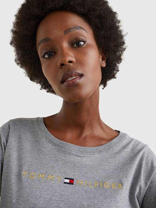 Grey Tommy Hilfiger Long Sleeve Gold Logo Women's T Shirts | TH025QJR