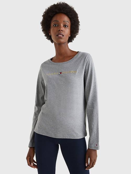 Grey Tommy Hilfiger Long Sleeve Gold Logo Women\'s T Shirts | TH025QJR