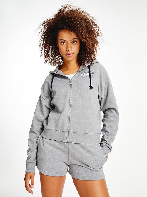 Grey Tommy Hilfiger Lounge Zip-Thru Logo Women\'s Hoodie | TH083XMH