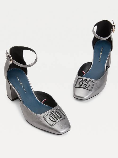 Grey Tommy Hilfiger Metallic Leather Square Toe Pumps Women's Heels | TH973CHW