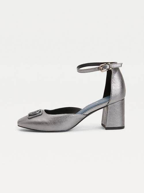 Grey Tommy Hilfiger Metallic Leather Square Toe Pumps Women's Heels | TH973CHW