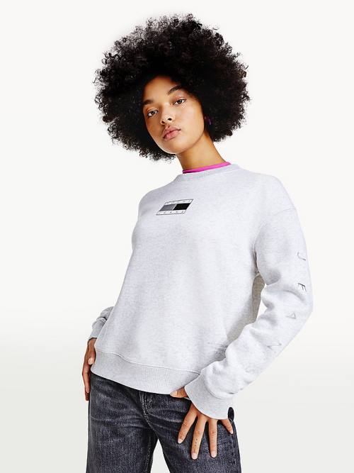 Grey Tommy Hilfiger Metallic Tommy Badge Crew Neck Women\'s Sweatshirts | TH047QLY