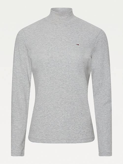 Grey Tommy Hilfiger Mock Neck Long Sleeve Women's T Shirts | TH320KNM