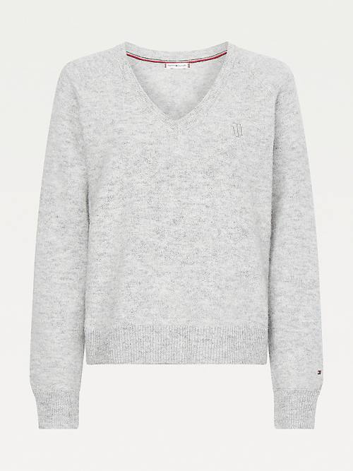 Grey Tommy Hilfiger Monogram Embroidery Relaxed Fit V-Neck Jumper Women's Sweaters | TH035CBW