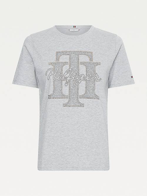 Grey Tommy Hilfiger Organic Cotton Crystal Monogram Women's T Shirts | TH380LDW