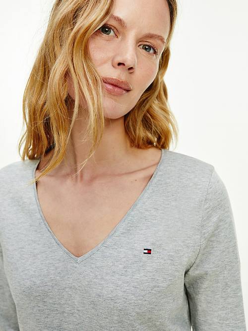 Grey Tommy Hilfiger Organic Cotton Long Sleeve V-Neck Women's T Shirts | TH350MLX