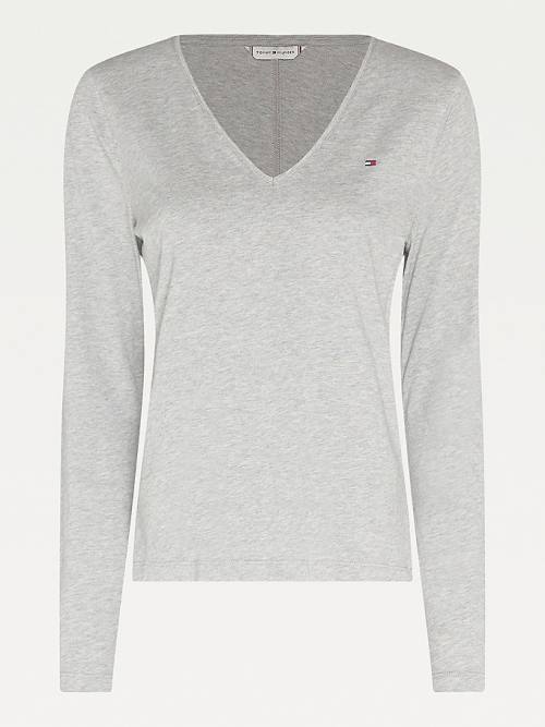 Grey Tommy Hilfiger Organic Cotton Long Sleeve V-Neck Women's T Shirts | TH350MLX