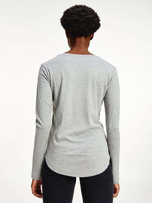 Grey Tommy Hilfiger Ribbed Long Sleeve Slim Fit Women's T Shirts | TH946KCY