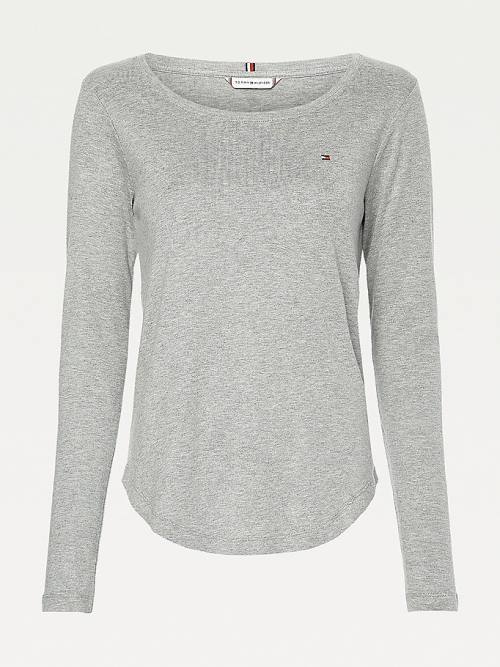 Grey Tommy Hilfiger Ribbed Long Sleeve Slim Fit Women's T Shirts | TH946KCY