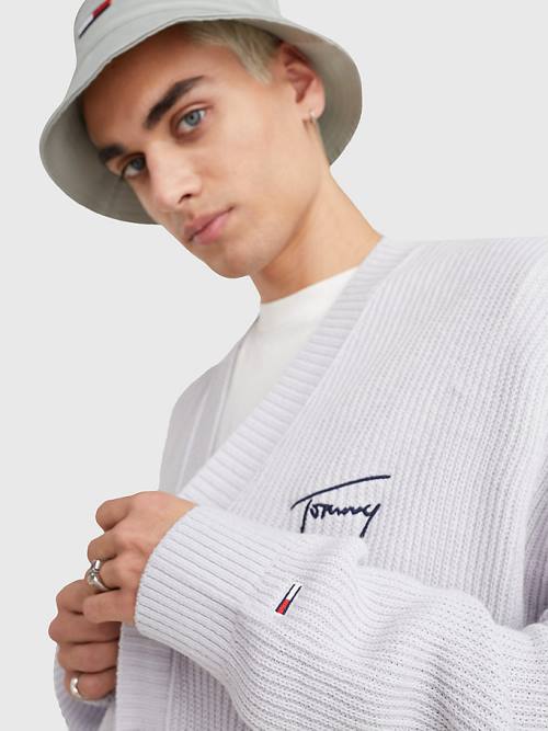 Grey Tommy Hilfiger Signature Embroidery V-Neck Knitted Cardigan Men's Sweaters | TH218MVG