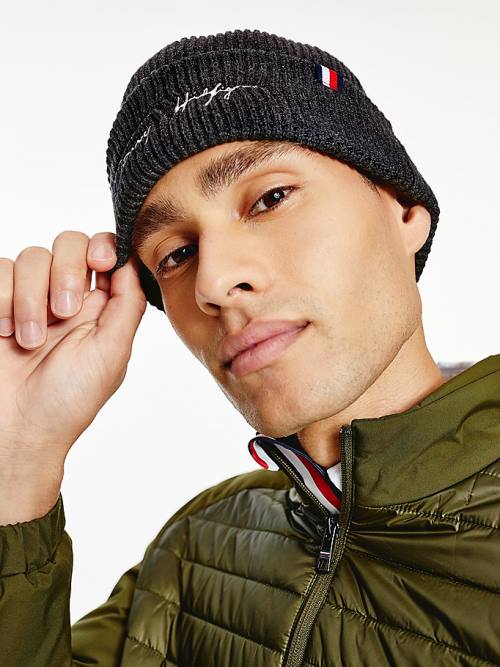 Grey Tommy Hilfiger Signature Embroidery Rib-Knit Beanie Men's Hats | TH849NZQ