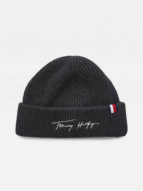 Grey Tommy Hilfiger Signature Embroidery Rib-Knit Beanie Men\'s Hats | TH849NZQ