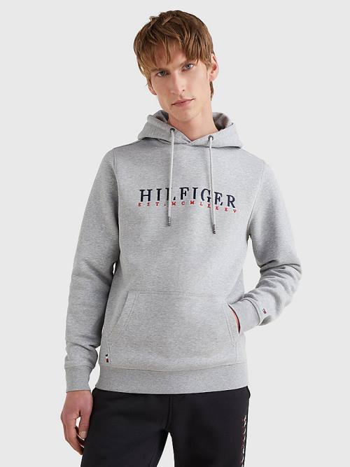 Grey Tommy Hilfiger Signature Flex Fleece Logo Men\'s Hoodie | TH345LIJ