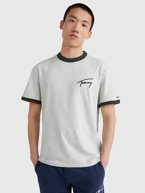 Grey Tommy Hilfiger Signature Ringer Tee Men\'s T Shirts | TH169QXC