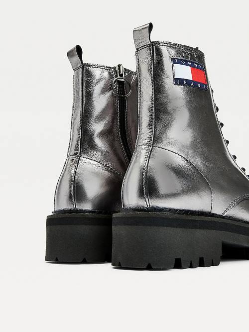 Grey Tommy Hilfiger Tommy Badge Metallic Leather Cleat Women's Boots | TH605LJE