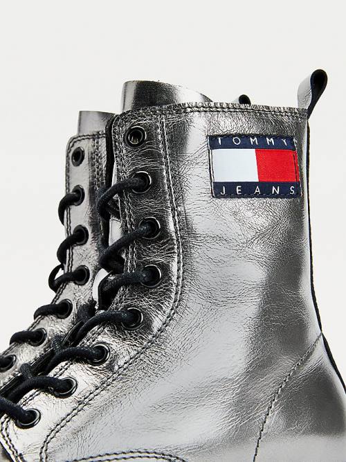 Grey Tommy Hilfiger Tommy Badge Metallic Leather Cleat Women's Boots | TH605LJE