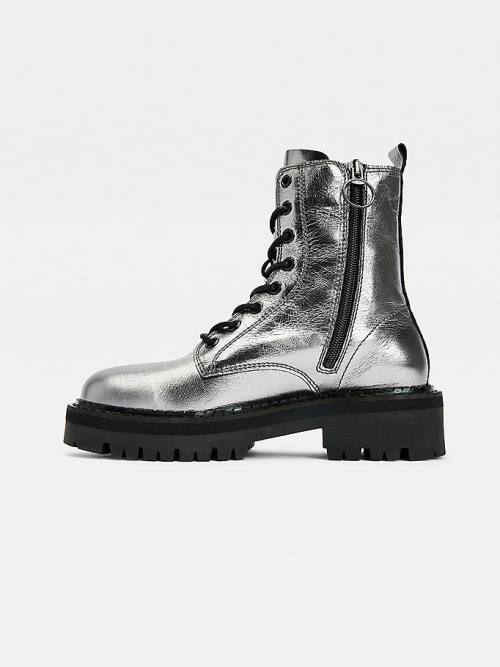 Grey Tommy Hilfiger Tommy Badge Metallic Leather Cleat Women's Boots | TH605LJE