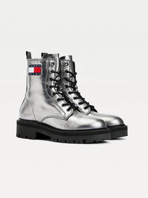 Grey Tommy Hilfiger Tommy Badge Metallic Leather Cleat Women\'s Boots | TH605LJE