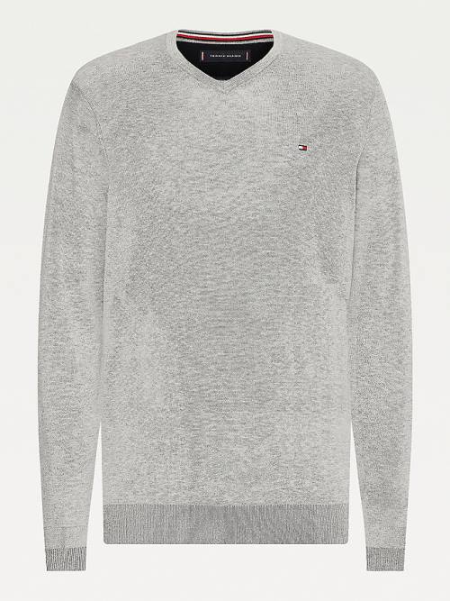 Grey Tommy Hilfiger V-Neck Cotton Blend Sweatshirt Men's Sweaters | TH095DIY