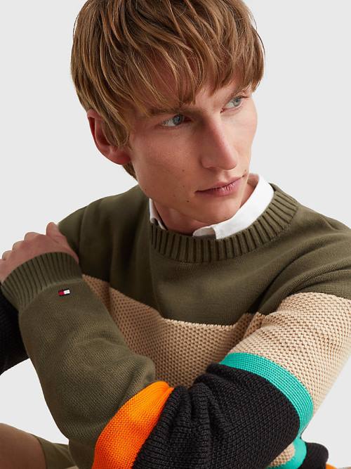 Khaki Tommy Hilfiger Colour-Blocked Mixed Knit Jumper Men's Sweaters | TH781PEX