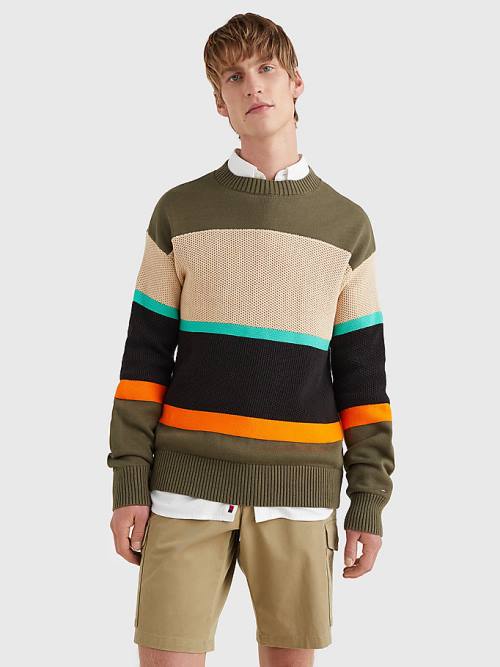 Khaki Tommy Hilfiger Colour-Blocked Mixed Knit Jumper Men\'s Sweaters | TH781PEX