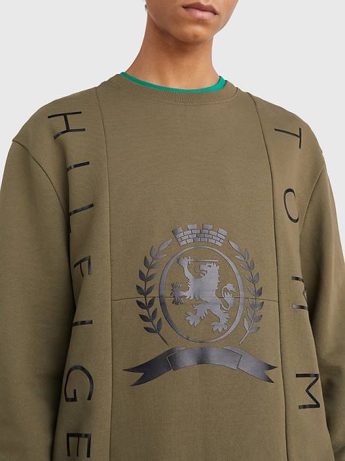 Khaki Tommy Hilfiger Crest Crew Neck Men's Sweatshirts | TH973FNL