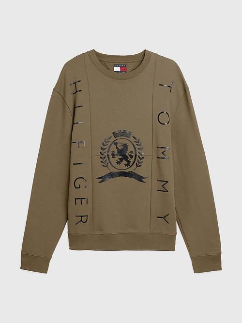 Khaki Tommy Hilfiger Crest Crew Neck Men's Sweatshirts | TH973FNL