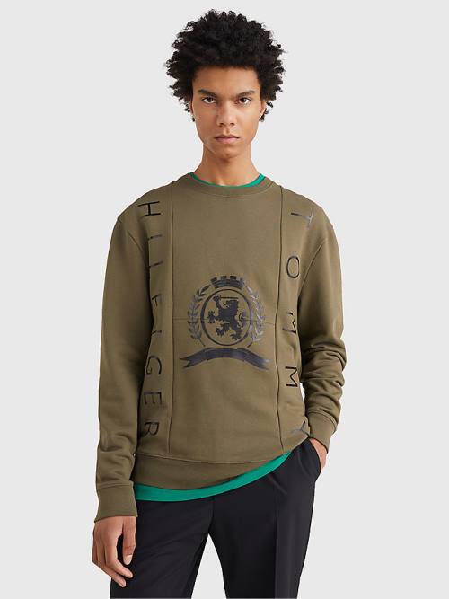 Khaki Tommy Hilfiger Crest Crew Neck Men\'s Sweatshirts | TH973FNL