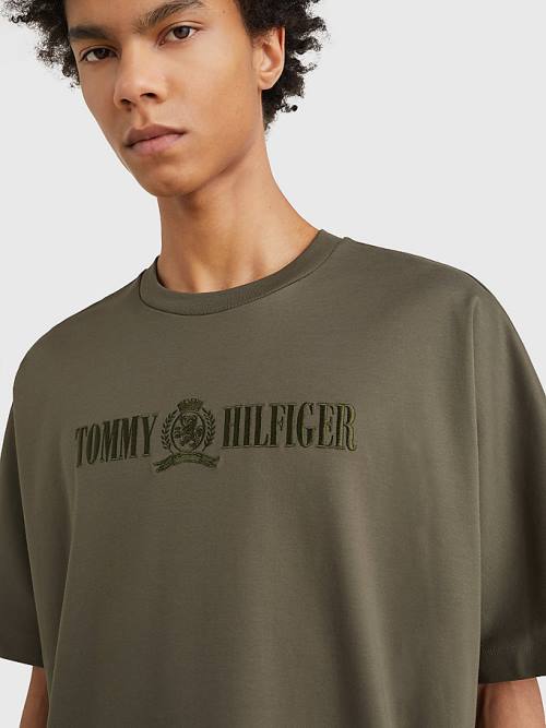 Khaki Tommy Hilfiger Crest Embroidery Organic Cotton Men's T Shirts | TH128ISG