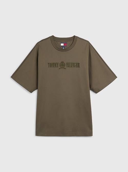 Khaki Tommy Hilfiger Crest Embroidery Organic Cotton Men's T Shirts | TH128ISG