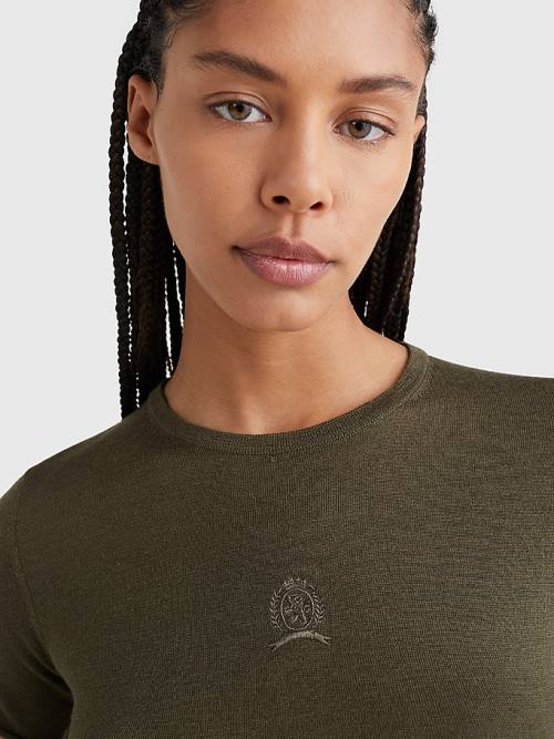 Khaki Tommy Hilfiger Crest Embroidery Wool Silk Women's T Shirts | TH396NHI