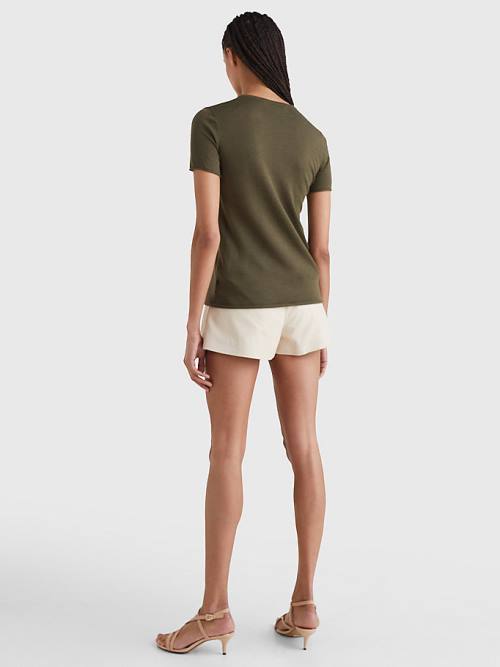 Khaki Tommy Hilfiger Crest Embroidery Wool Silk Women's T Shirts | TH396NHI