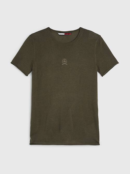 Khaki Tommy Hilfiger Crest Embroidery Wool Silk Women's T Shirts | TH396NHI