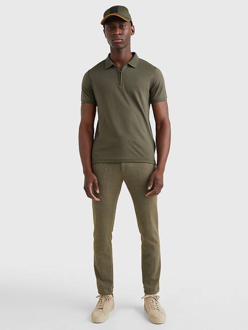 Khaki Tommy Hilfiger Half-Zip Interlock Slim Fit Men's Polo Shirts | TH280UMJ