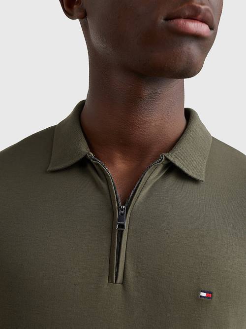 Khaki Tommy Hilfiger Half-Zip Interlock Slim Fit Men's Polo Shirts | TH280UMJ