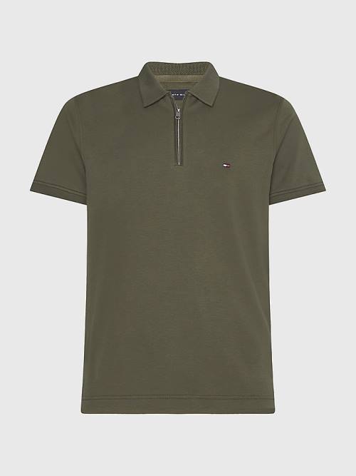 Khaki Tommy Hilfiger Half-Zip Interlock Slim Fit Men's Polo Shirts | TH280UMJ