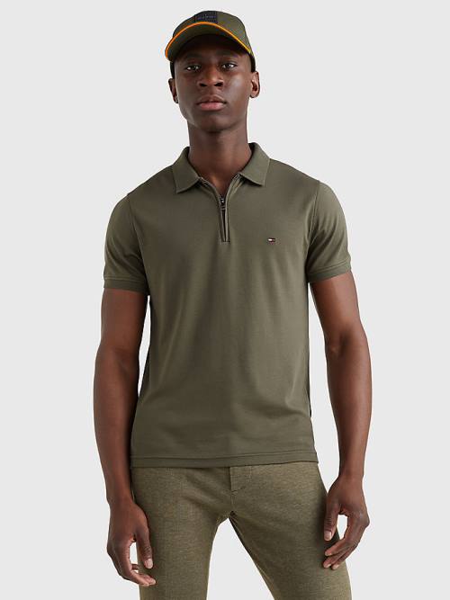 Khaki Tommy Hilfiger Half-Zip Interlock Slim Fit Men\'s Polo Shirts | TH280UMJ