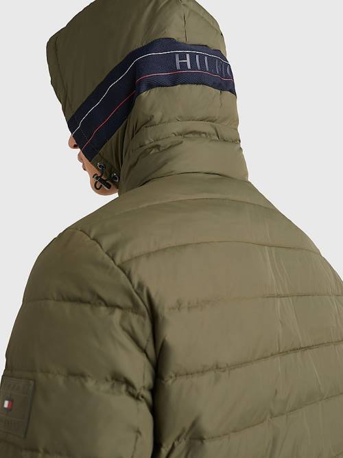 Khaki Tommy Hilfiger Hooded Tape Puffer Men's Jackets | TH583HSB